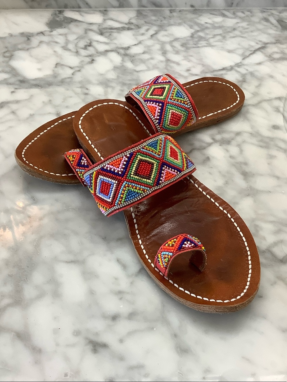 BOHO Leather Slide Sandals with Multicolor Beaded Straps sz 8